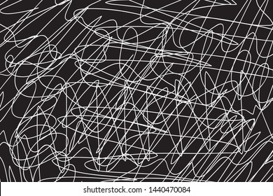 Abstract сhaotic texture. Monochrome wallpaper. Hand drawn dinamic scrawls. Black and white illustration