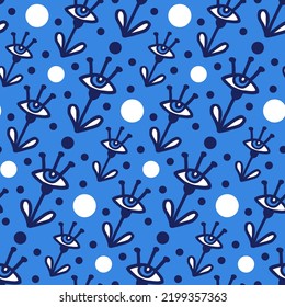 Abstract texture with mystical flower in form of eye. Seamless pattern for esoteric design of souvenir product. Print for amulet from evil eye. Blue wallpaper for mysticism, yoga, spiritual practices.