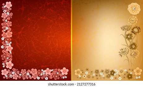 abstract texture on the dark red and gold with flowers border background.