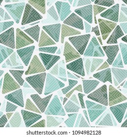 Abstract texture. Pentagons with transparent colored windows. Fashionable pattern for clothes, walls and other design.  On the surface, a diagonal grid with damages.