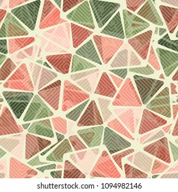 Abstract texture. Pentagons with transparent colored windows. Fashionable pattern for clothes, walls and other design.  On the surface, a diagonal grid with damages.