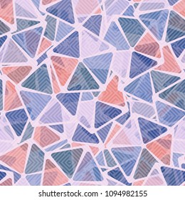 Abstract texture. Pentagons with transparent colored windows. Fashionable pattern for clothes, walls and other design.  On the surface, a diagonal grid with damages.