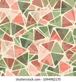 Abstract texture. Pentagons with transparent colored windows. Fashionable pattern for clothes, walls and other design.  On the surface, a diagonal grid with damages.