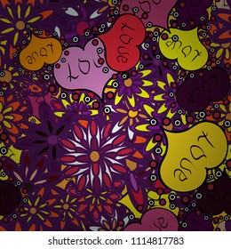 Abstract texture, repeat tiles. Design for decoration, gift paper, textile. Seamless pattern with small hearts on purple, yellow, black backdrop. Vector. Love romantic theme. Valentines day background