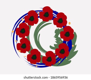 Abstract texture with round emblem of poppies and Vasilkov