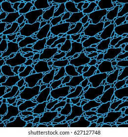Abstract texture. Seamless pattern with cracked black polygonal forms isolated on a blue background. Vector illustration for your design, backdrop, print, wrapping, textile, etc.