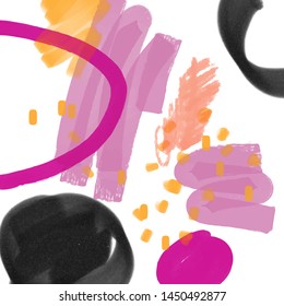 Abstract texture with shapes, brush. Unusual freehand contemporary composition. Trendy colorful design background for banner, poster, print, card. Creative artwork