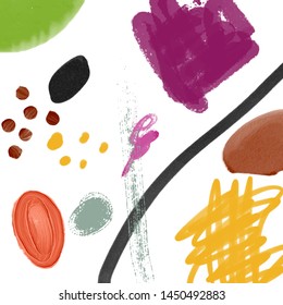 Abstract texture with shapes, brush. Unusual freehand contemporary composition. Trendy colorful design background for banner, poster, print, card. Creative artwork