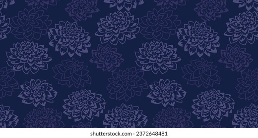 Abstract texture silhouettes peonies dahlia seamless pattern. Vector hand drawn shape, line flowers. Monotone dark blue retro print. Template for design, textile, fashion, surface design, fabric