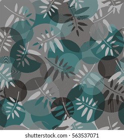 Abstract texture of spirals and leaf silhouette in black, green, white and gray colors on a light gray background