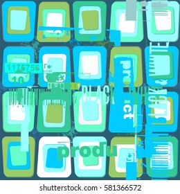 Abstract texture of square shapes and fonts in Sixties style in white, blue, green and gray colors on a blue green background.
