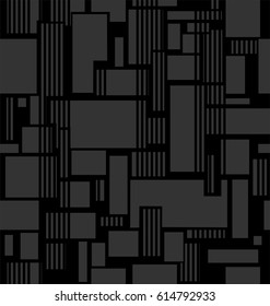 Abstract texture from squares and lines in black colors a seamless pattern on a gray background.