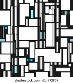 Abstract texture from squares and lines in black, yellow, green and blue colors a seamless pattern on a white background.