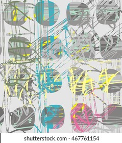 Abstract texture strips in ovals gray, blue, green, purple and yellow a seamless pattern on a light gray background.