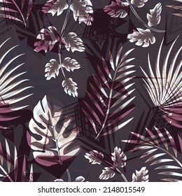 abstract texture tropical foliage seamless pattern on dark background. Contour drawing. Nature ornament for textile, fabric, wallpaper, surface design. nature interior decorative. Summer designs 