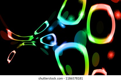 Abstract texture of unusual beautiful light glowing bright circles of ovals of energetic magical magical neon multicolored iridescent with bokeh effect. The background. Vector illustration.