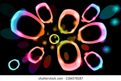 Abstract texture of unusual beautiful light glowing bright circles of ovals of energetic magical magical neon multicolored iridescent with bokeh effect. The background. Vector illustration.