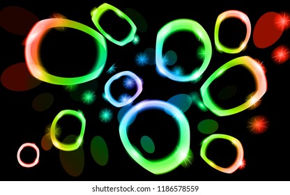 Abstract texture of unusual beautiful light glowing bright circles of ovals of energetic magical magical neon multicolored iridescent with bokeh effect. The background. Vector illustration.