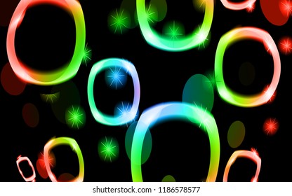 Abstract texture of unusual beautiful light glowing bright circles of ovals of energetic magical magical neon multicolored iridescent with bokeh effect. The background. Vector illustration.