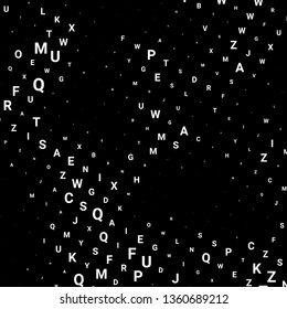 Abstract texture with white letters. Vector black background made of alphabet symbols for posters, web sites, web pages, business cards, postcards, interior design.