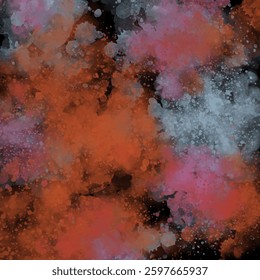 Abstract textured background with watercolor effect and splashed drops on black. Dynamic, deep and rich background. Tracing