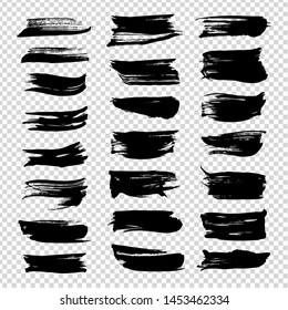 Abstract textured big black ink brushstrokes set isolated on imitation transparent background