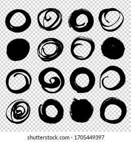 Abstract textured black circle brush strokes  isolated on imitation transparent background
