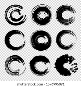 Abstract textured black circle shape brushstrokes isolated on imitation transparent background