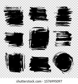 Abstract textured black different shape brushstrokes isolated on imitation transparent background