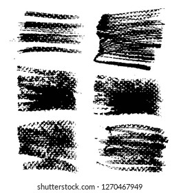 Abstract textured black ink smooth strokes and stamps isolated on a white background