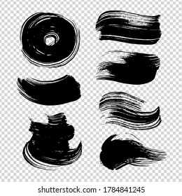 Abstract textured black ink smooth and round strokes set on imitation transparent background