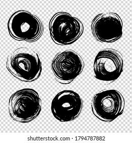 Abstract textured black round strokes on imitation transparent background