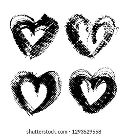 Abstract textured black smooth strokes and stamps in heart shape isolated on a white background