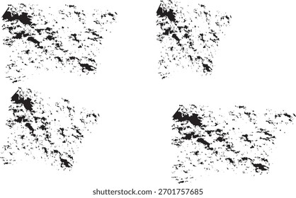 Abstract, textured, black and white pattern with four distinct, organic shapes scattered across a white background.