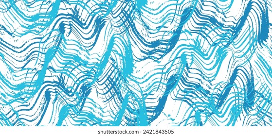 Abstract textured blue brush stroke waves seamless pattern. Expressive artistic swirl and curve paintbrush marine texture for water textile, nature surface design