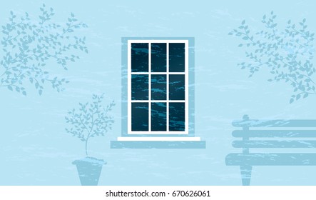 Abstract textured blue wall wind window in center, silhouettes of tree branches and pot with plant
vector illustration