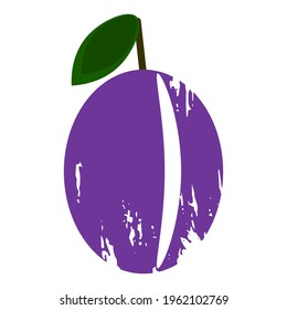 Abstract textured bright plum on a white background. Isolated stock vector illustration. Bright purple plum with a green leaf.