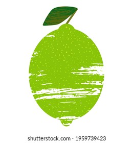 Abstract textured brigth lime. Isolated  vector illustration on a white background. Single element. Simple green fruit with a leaf.