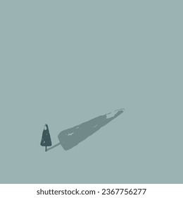 Abstract textured Christmas tree with large shadow on green background with copy space. Tree cutting and eco damage illustration. Fear of being alone concept