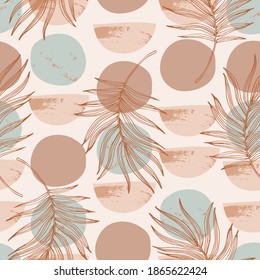 Abstract textured circles, semi circles, palm leaves seamless pattern. Vector wall print in pastel colors, retro boho style. Geometric moon and sun shape with grunge texture. Minimal design. EPS 10.