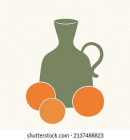 Abstract textured composition in pastel colors. Vase and fruits postcard