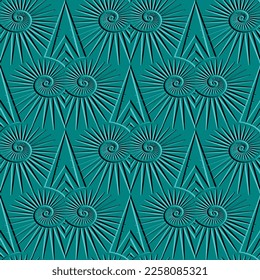 Abstract textured fractals and spirals 3d seamless pattern. Embossed radial rays, spiral shapes, zigzag lines background. Surface repeat geometric backdrop in turquoise color. Endless emboss texture.
