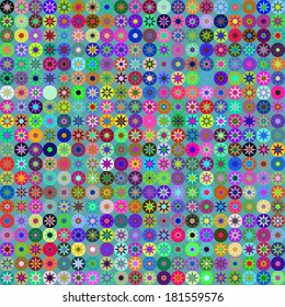 Abstract textured geometric seamless pattern. Colored circles, hexagons and stars. Vector. 