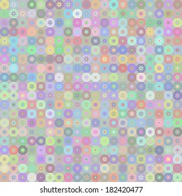 Abstract textured geometric seamless pattern. Colored circles, octagons and stars. Vector. 