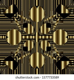 Abstract textured gold 3d vector seamless pattern. Geometric surface modern background. Striped repeat backdrop. Ornate symmetrical ornament with stripes, lines, shapes. Endless ornamental texture.