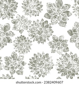 Abstract textured grunge chrysanthemum flowers seamless pattern. Autumn garden flower on green linen texture background. Hand drawn illustration.