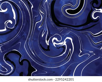 Abstract textured grungy blue vector background with white and black swirling paint element decor isolated on horizontal landscape template. 