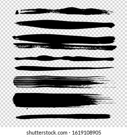 Abstract textured long black brush strokes different shapes isolated on imitation transparent background