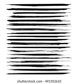 Abstract textured long strokes painted by black paint vector objects isolated on a white background