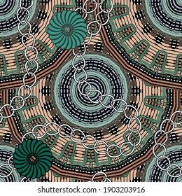 Abstract textured mandalas seamless pattern. Vector ornamental floral background.  Chains, flowers, dotted lines, circles, shapes. Modern ornament. Decorative repeat backdrop. Ornate grunge design.